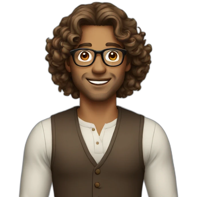 Man 40s round glasses brown long hair curls emoji