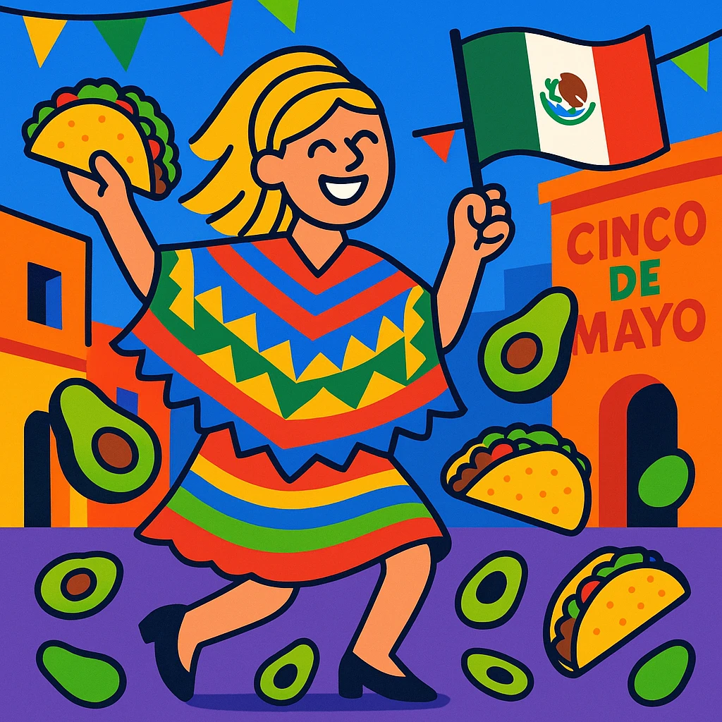 festive Cinco de Mayo cartoon of a tall blonde woman, smiling, wearing a colorful poncho, holding a taco and an avocado, waving a Mexico flag, dancing in the street, surrounded by tacos and avocados, lively street party background, bright and bold colors emoji