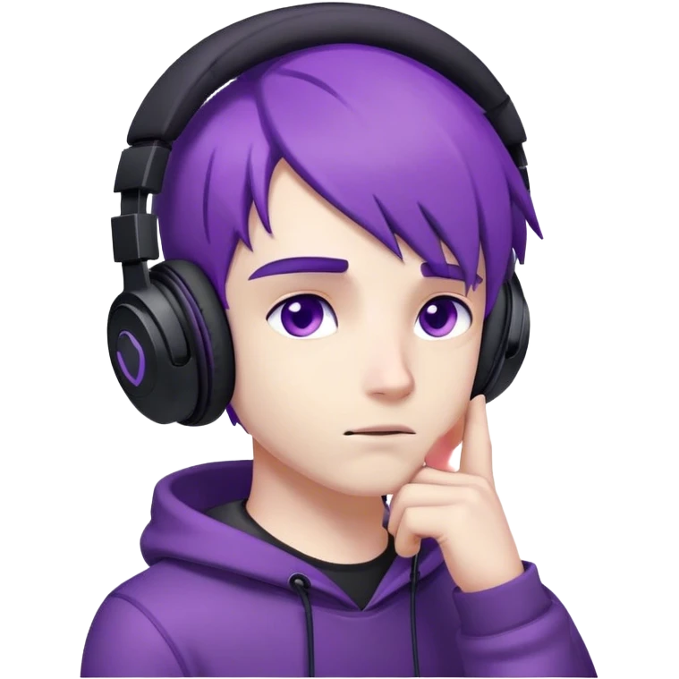 a cute guy with purple eyes, purple hair, purple-black gaming headphones on his head, thoughtful, raised his head a little to the side and up, his hand under his chin, the guy was thinking about the situation emoji