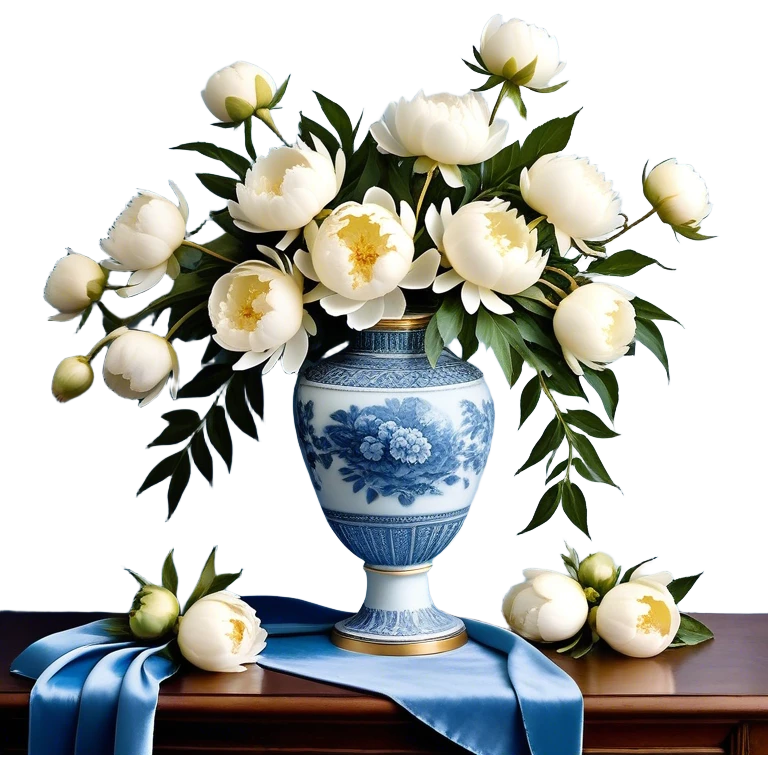 An intricately detailed porcelain vase with gold accents cradles a cascading bouquet of white peonies, tinged with hints of sky blue. Around the neck of the vase, a dusty blue velvet ribbon is artfully tied into a loose bow, its ends draping gracefully over the table’s edge. A few petals have delicately fallen onto the tabletop, resting beside a strand of soft pearl beads, adding a sense of quiet romance and nostalgia to the composition.


 emoji