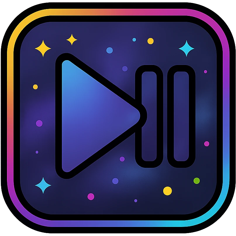 next song icon with dark purples, blues, black base, neon glowing border, nebula gradients, small bright stars, subtle glow, specular highlights, luminous effect, accent colors cyan, pink, yellow, green, orange, consistent with media controls set emoji