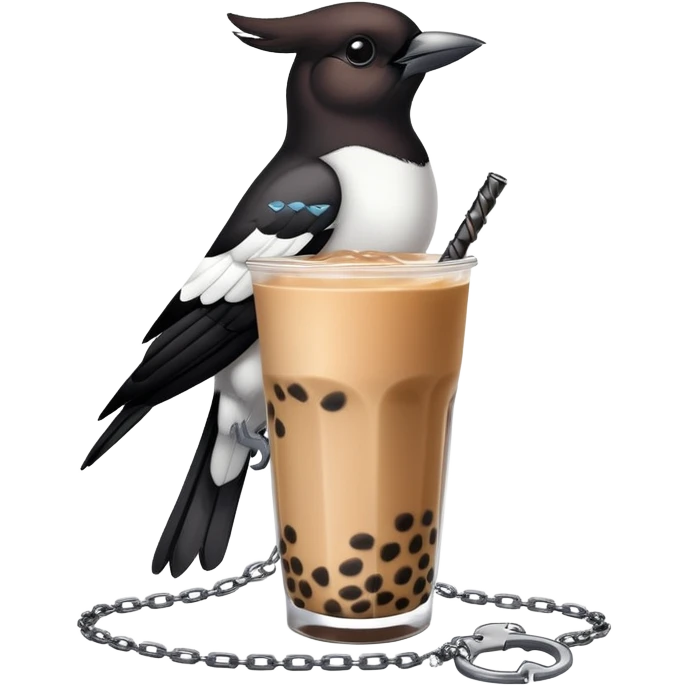 A living boba tea with a magpie that’s wearing a chain nexklace  emoji