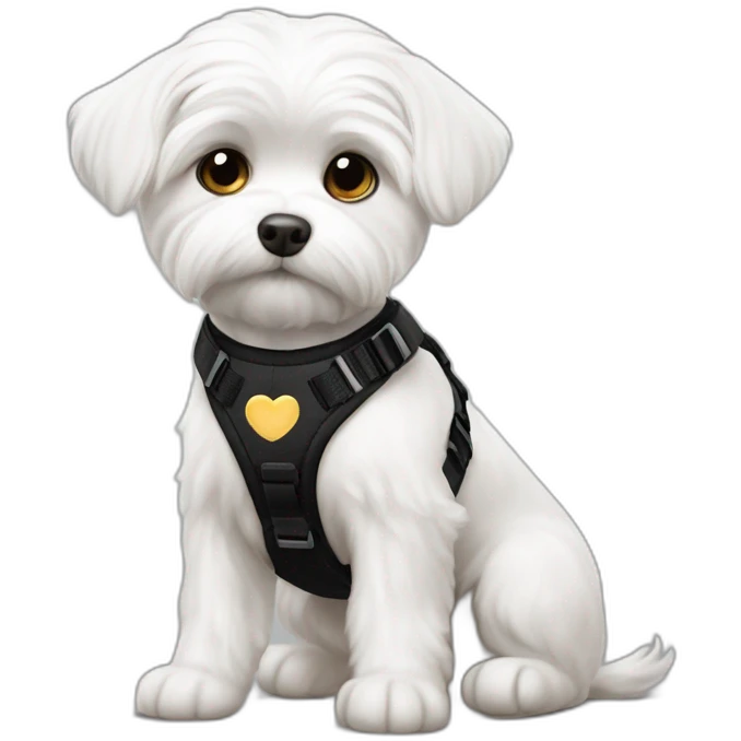 maltese dog short haired love cheese wearing a black harness emoji