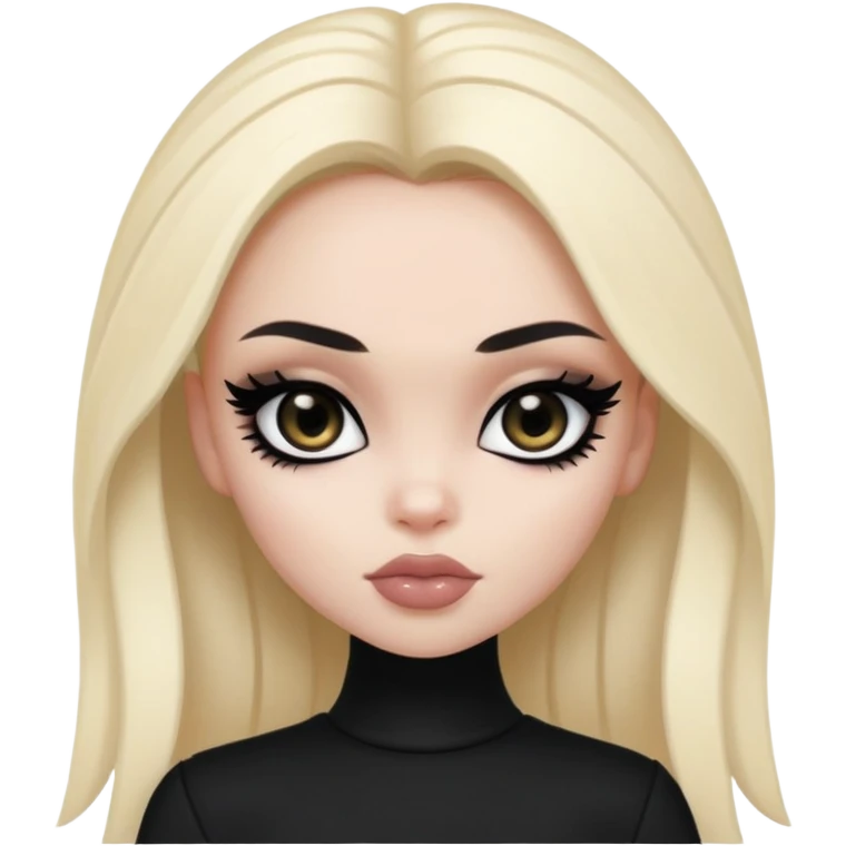 black pretty bratz girl, dark black eyes, black eyeliner, pale skin, black clothes emoji