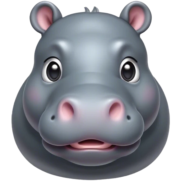 Cinematic Cute Hippo Portrait Emoji, Head tilted playfully and inquisitively, featuring a glossy slate-gray hide with a gentle sheen and round, sparkling eyes filled with curious charm, Simplified yet irresistibly adorable features, highly detailed, glowing with a warm, friendly glow, high shine, affectionate and serene, stylized with a touch of aquatic whimsy, bright and endearing, soft glowing outline, capturing the essence of a mischievous yet loving hippo, so playful it feels like it could splash out of the screen and into your arms! emoji