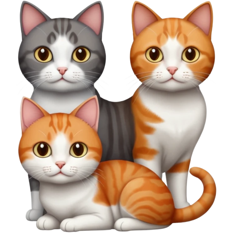 3 different coloured tiny short haired cats, including a dark grey and white cat, and a dark brown tabby and white and a ginger and white emoji