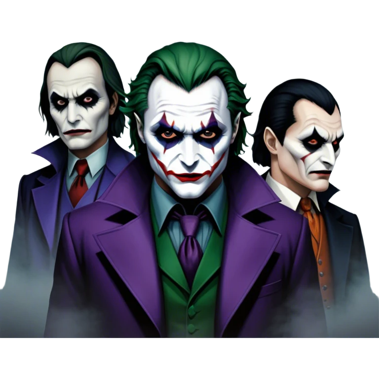 Thriller Movie Icon: A dark, intense collage with close-up images of iconic thriller characters like 1 Joker, 1 Hannibal Lecter, and 1 Vlad Dracula. The background features a moody Gotham City skyline, with shadowy figures and fog. Atmospheric, suspenseful tone. Transparent background. emoji