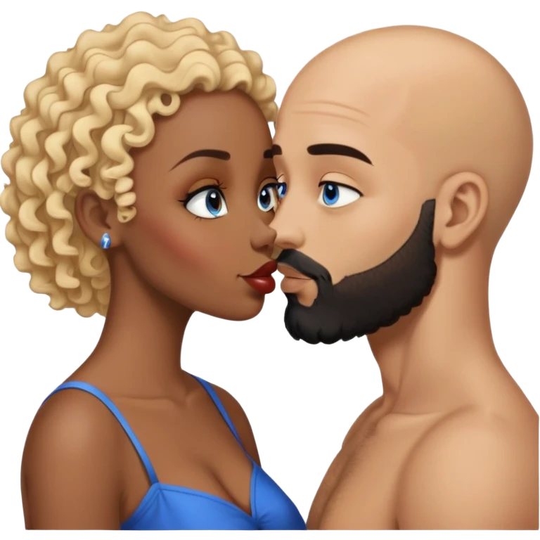 bald head man with brown eyes and black beard kissing African woman with blue eyes and curly blonde hair emoji