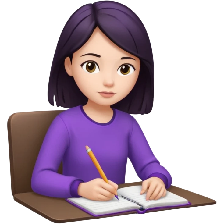 girl sitting, writing in a notebook, dark hair, dressed in purple clothes emoji