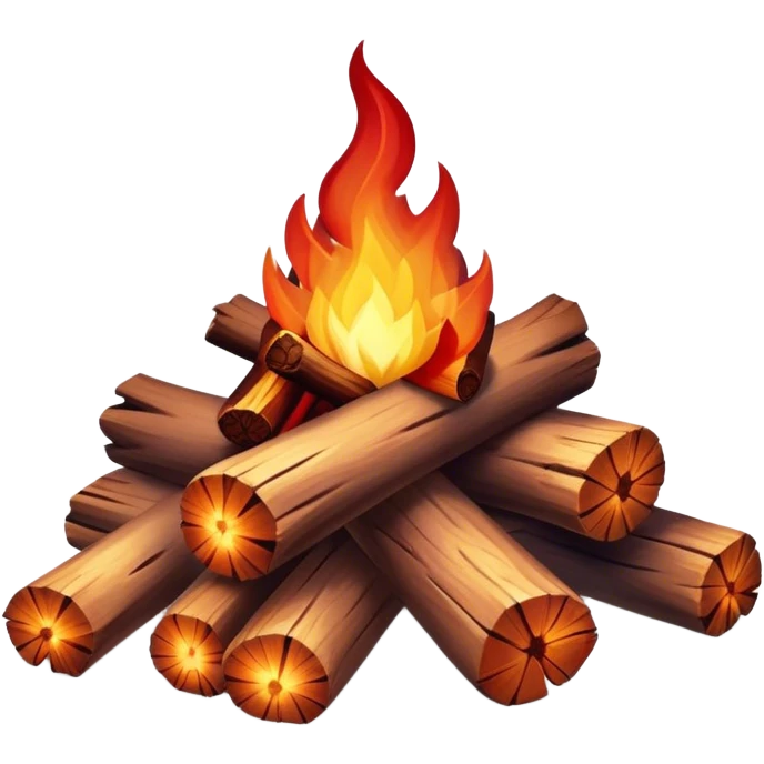 Cinematic Realistic Campfire, a roaring flame crackling atop carefully arranged logs, embers glowing deep red, golden light casting soft flickering shadows, gentle smoke drifting upwards, glowing with warmth and coziness. emoji