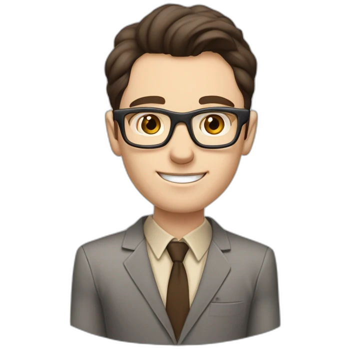 Pale skinned fit man with dark brown hair in gray jacket, beige office shirt, brown tie, brown pants and vintage glasses Writing text on a marker board emoji