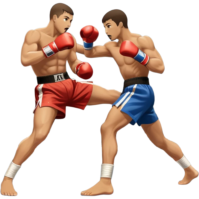 An icon symbolizing kickboxing, featuring two fighters in the midst of an intense match. One throws a powerful roundhouse kick, while the other counters with a punch. The background shows a ring, with ropes and a cheering crowd. Transparent background highlights the action and strength emoji