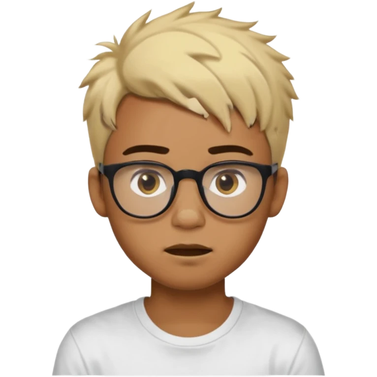Teenager. Short buzz, messy blonde hair. Dark brown bushy eyebrows large expressive golden-brown eyes, brown skin color, scar over nose, wearing a plain white t-shirt. wearing clear thick black glasses. 20 year old male. wacky facial expression. brown skin color.  emoji