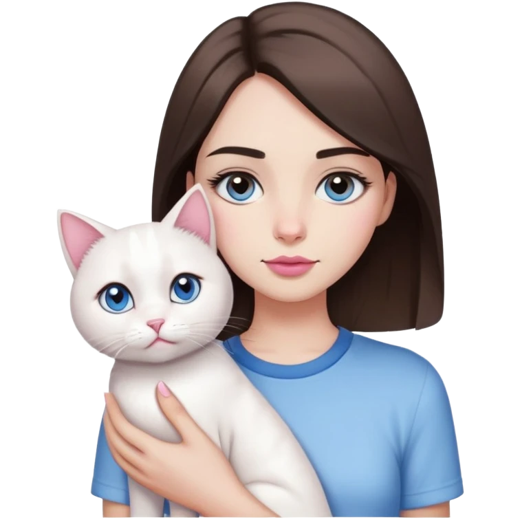 A girl with short brown shoulder length hair, straight eyebrows, large dark brown eyes, long eyelashes, a normal nose, a normal mouth, pink lips, and white skin, holding a white cat with blue eyes and wearing a shirt emoji
