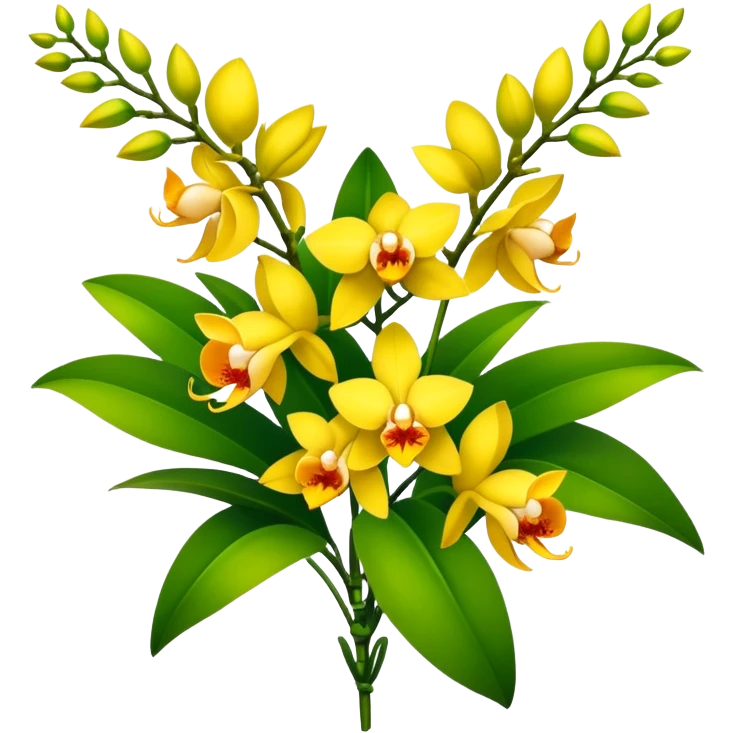 big bouquet yellow Dendrobium Orchid flower, stem, leaf emoji