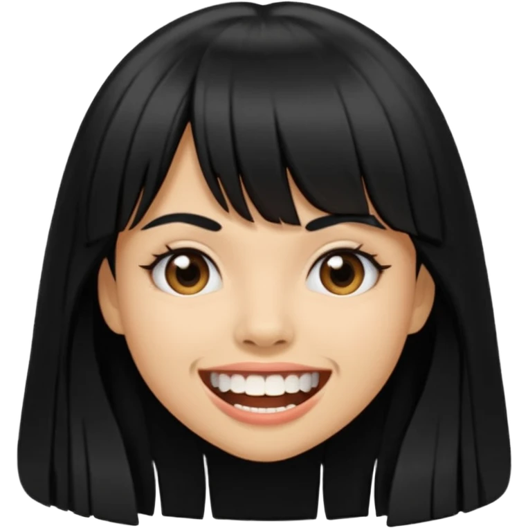 Woman a little tan with long black hairs and bangs, appearing teeth emoji