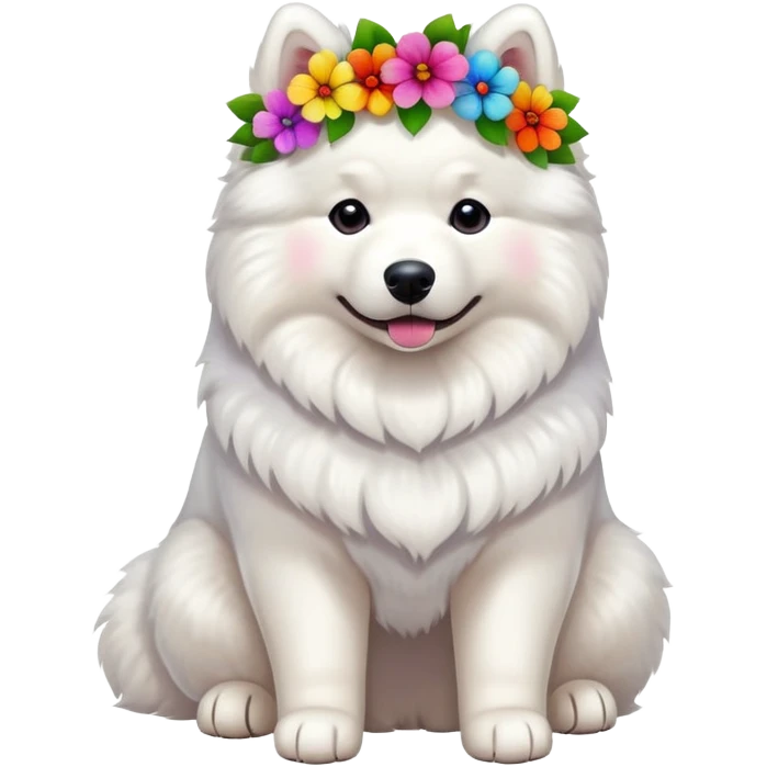 Full body photo of a Samoyed with many flowers on its head emoji