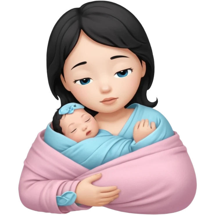 a  female asian newborn baby with black wavy hair and blue eyes wrapped in a light pink swaddle emoji