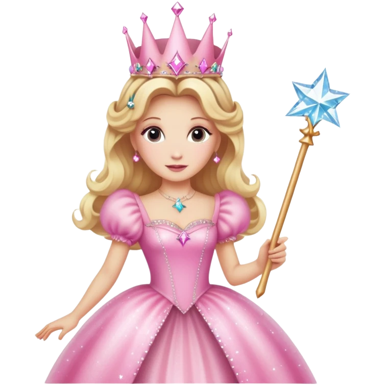 Glinda the Good Witch with blonde hair, sparkly crown, pink puffy dress, and magic wand emoji