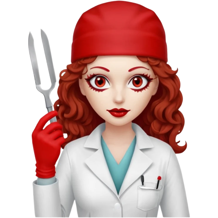 


Scary woman scalpel in hand, evil surgeon sexy surgeon clothes.  She has redcolored  eyes. Her  hair only is free ne brown long curly hair. Wears sexy doctor outfit with red gloves. make her wear red ski mask  to hide. Wears white surgeon coat, wears  stilettos emoji