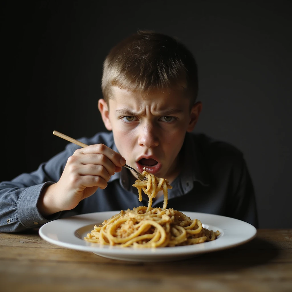young sad man eating a plate of pasta, sad expression, hyperrealism 4K emoji