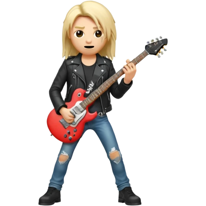 3D Apple-style emoji of a metal musician holding an electric guitar with a bold "ROCK" sign above. Long hair, black leather jacket, ripped jeans, intense expression. Rounded, glossy, smooth, soft shadows, white background.











 emoji