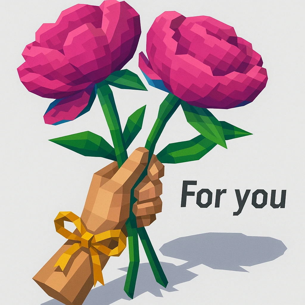 Realistic 3D hand holding two lush pink peonies, golden bow on the wrist, modern font inscription 'For you', soft shadows, glossy colors, smooth shapes, white background in 3D iOS style. emoji
