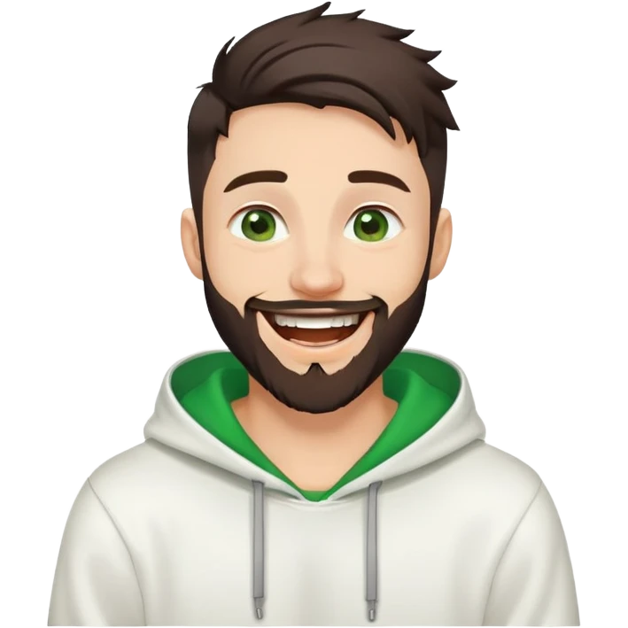 laughing guy with white hoodie, green eyes, dark brown undercut hairstyle and a short full beard emoji