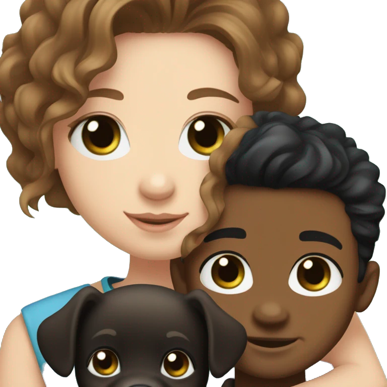 girl with brown hair, blue eyes, cute puppies cuddles with her boyfriend with black hair, green eyes and thick eyelashes emoji