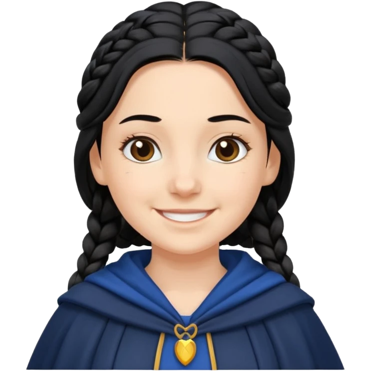 braid black hair, white girl, dark blue cloak, happy smile emoji