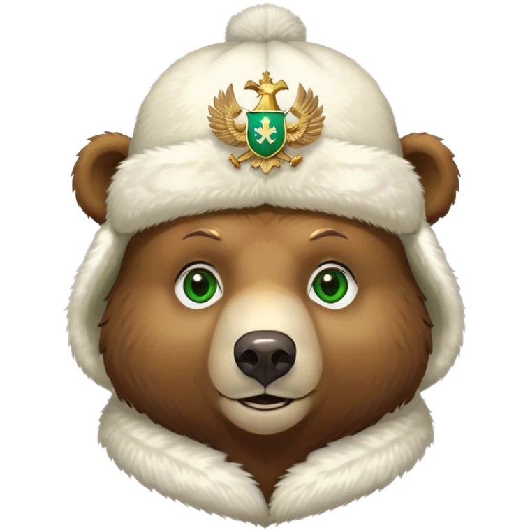 Cute Russian brown bear head with friendly expression and bright green eyes, wearing white furry ushanka hat with realistic double-headed eagle coat of arms centered emoji