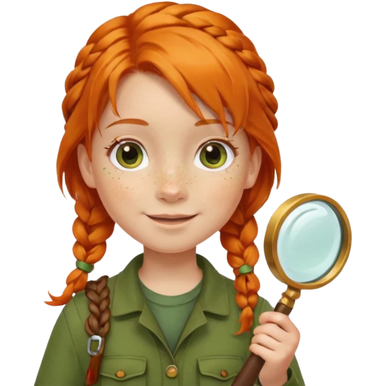 braid orange haired girl kid in moss green explorer outfit, holding magnifying glass, smile emoji