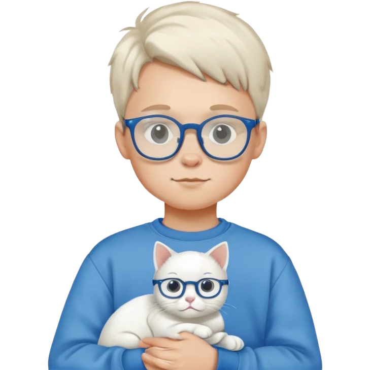 A boy wearing a sweatshirt and glasses holding a white cat emoji