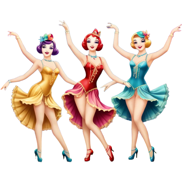 A vintage movie poster-style design inspired by Moulin Rouge. Include glamorous cabaret dancers in extravagant costumes, a colorful stage, sparkling lights, and a sense of drama. The atmosphere should be vibrant, with musical notes in the air. Retro cinematic style. Transparent background. emoji