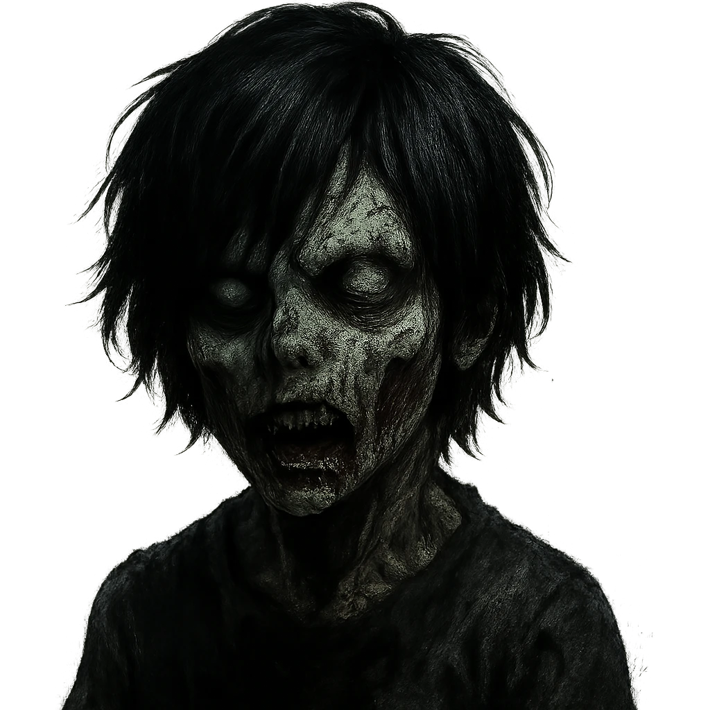 boy zombie with black medium-long emo shaggy hair, dark and spooky, creepy expression emoji