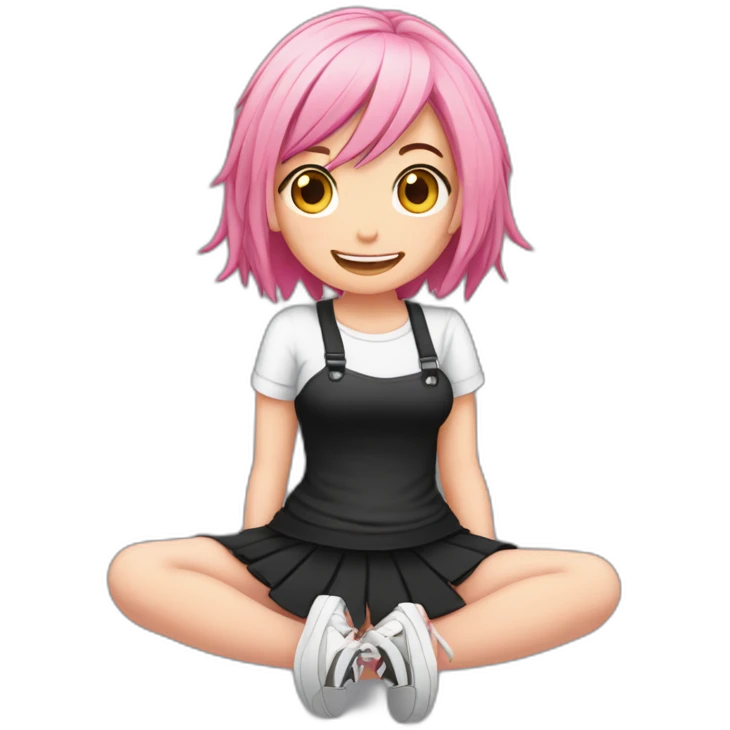 Full body Front view curvy emo girl pink hair sits on the floor straight view hands up black skirt полосатые рваные чулки emoji