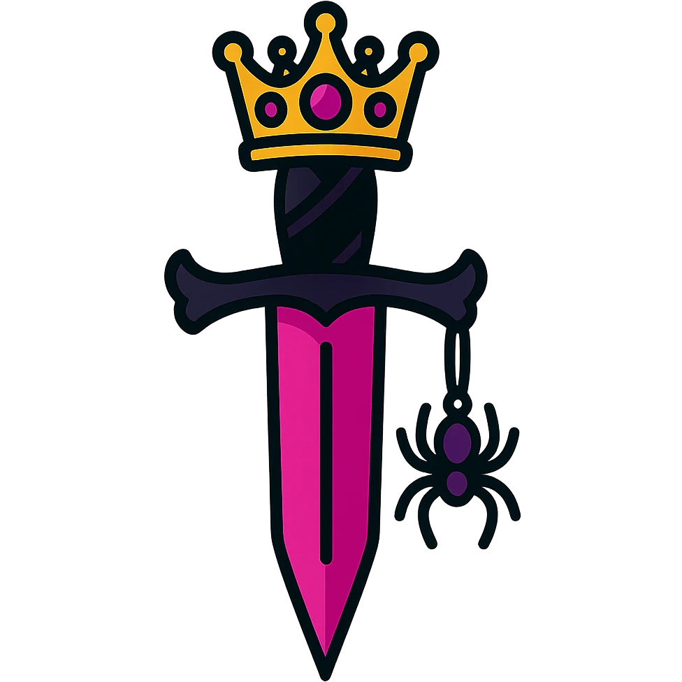 gothic knife, black and pink, with jeweled crown and spider charm, vibrant toon style emoji
