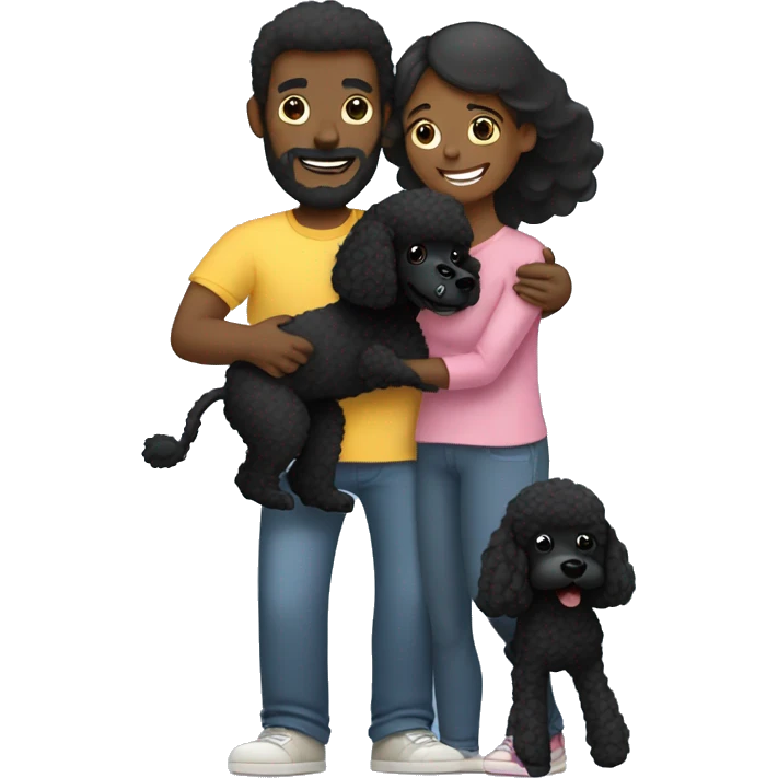 Mom, dad and daughter hug black poodle emoji
