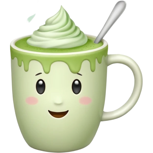White ceramic mug of matcha latte, pastel pink background emoji