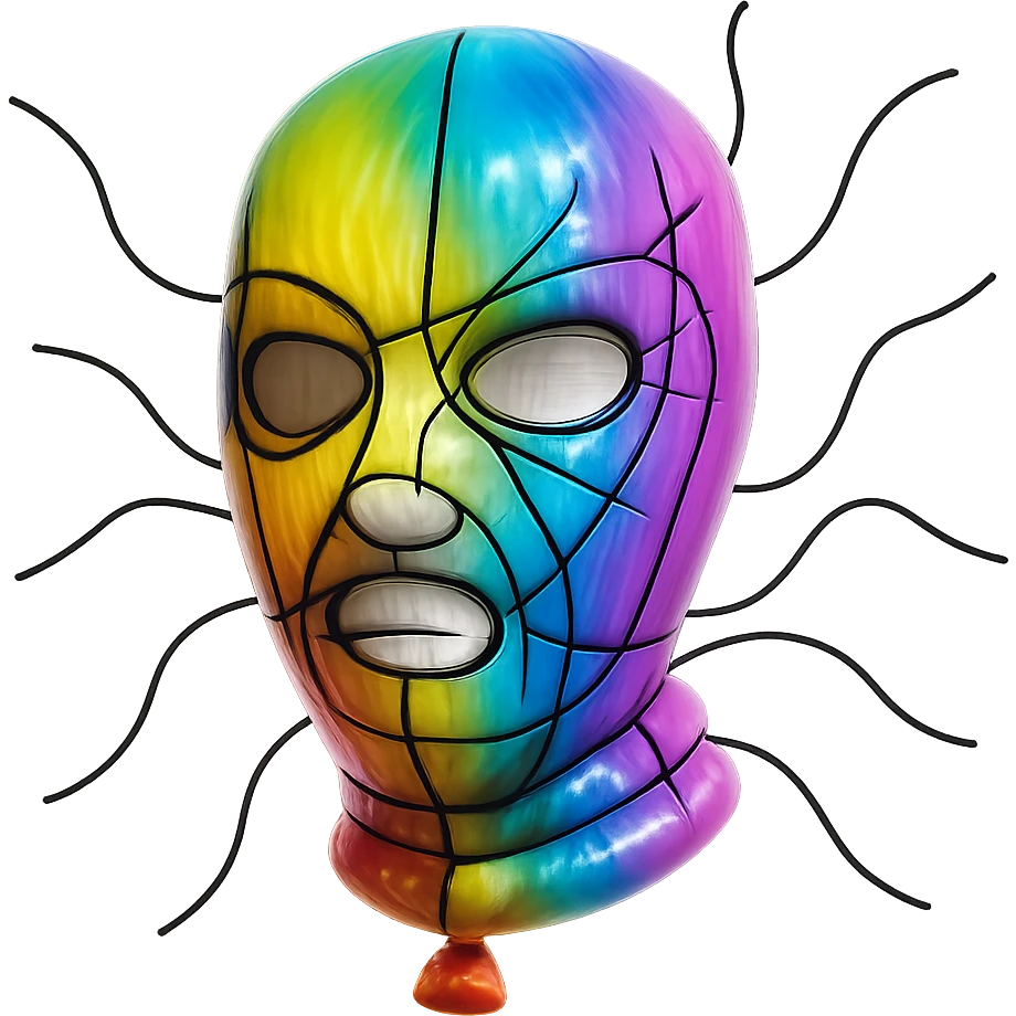 The mask is a full-head, white knitted balaclava with a tight ribbed texture. It features two asymmetrical eye openings and a partially exposed mouth area. Black thread is stitched across the surface in chaotic, abstract lines that trace facial features, giving a hand-drawn effect. Several black cords extend outward from the mask, varying in length and direction, adding a sculptural, almost organic appearance. The overall look is bold, handcrafted, and visually striking. emoji