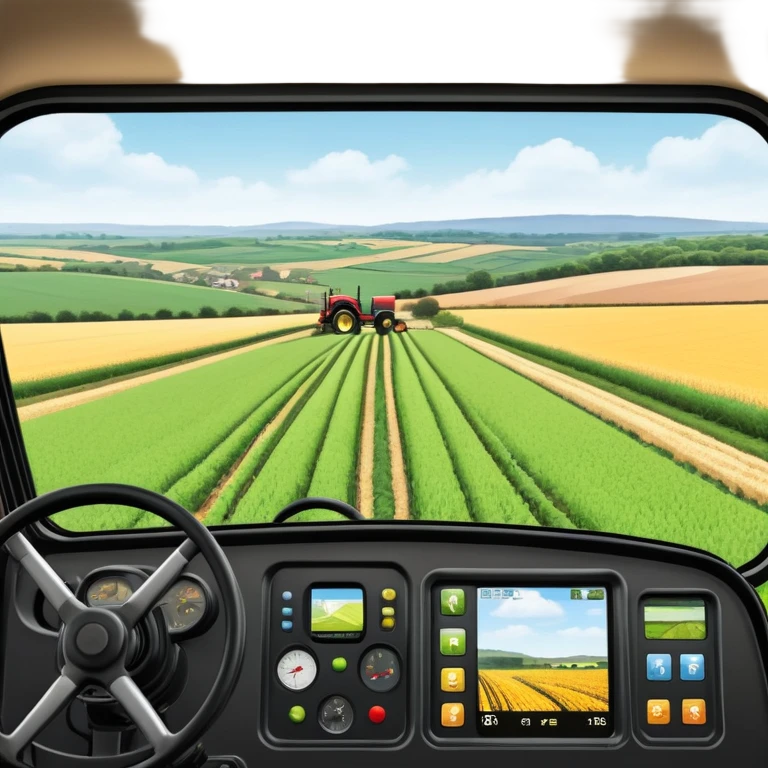 a view from the tractor cabin, with the dashboard in focus, overlooking a vibrant rural landscape. Inspired by Farming Simulator 22, the scene includes fields, crops, and distant barns under a bright sky. The design highlights the immersive experience of farm management. transparent background emoji
