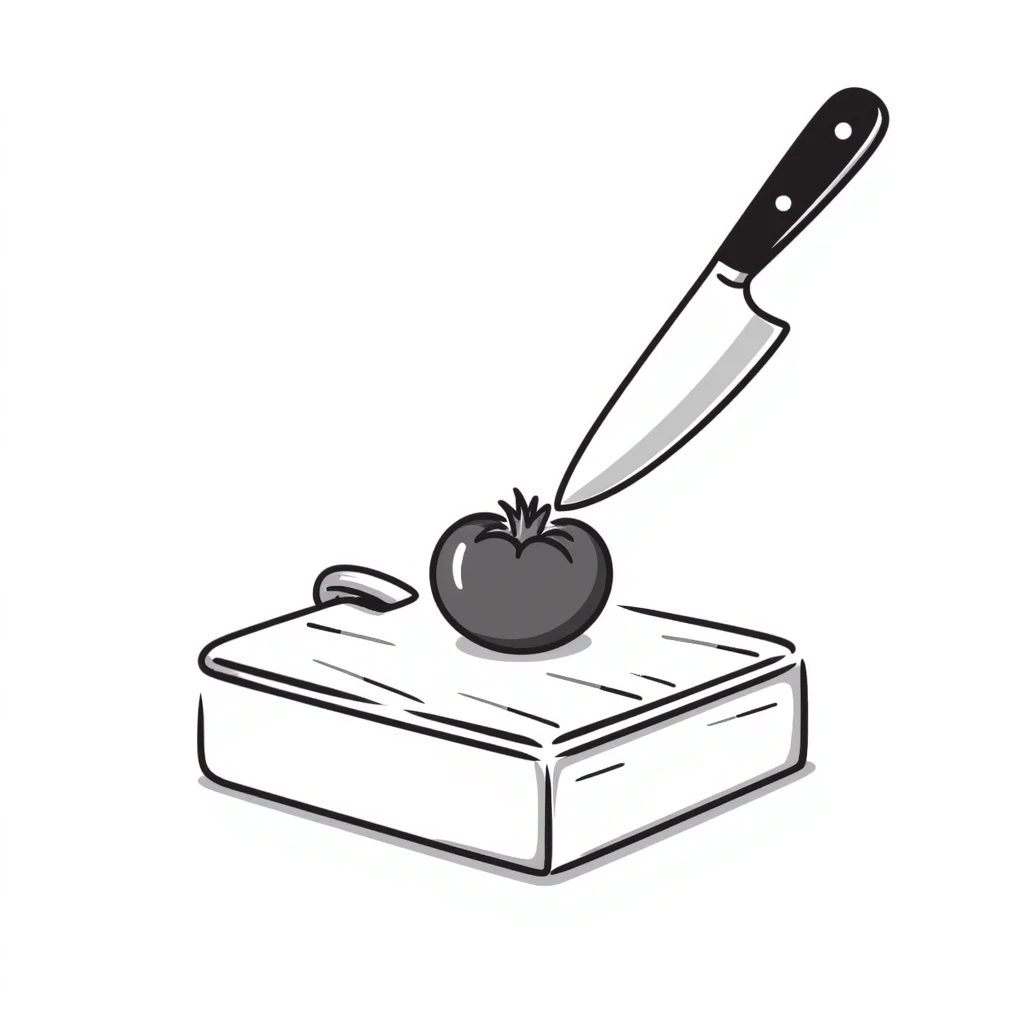 hand-drawn kitchen knife cutting a fresh tomato on cutting board emoji