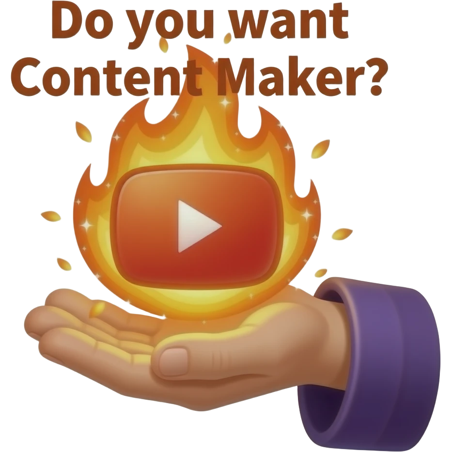 A wizard’s hand holding a glowing, magical YouTube logo like a fire spell.  text "Do you want Content Maker?". High fantasy, mystical particles, clean white background, sticker style emoji