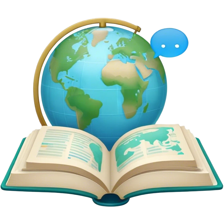 Create an emoji representing language translation. The design should feature an open book or a document with text in multiple languages (e.g., English, Spanish, Chinese), and a translation icon (such as an arrow between two languages) to symbolize the process of converting text. Include elements like a globe or a speech bubble to represent global communication. Use clear, simple lines and a color palette with blues, greens, and subtle neutral tones to convey the idea of clarity and understanding. Make the background transparent. emoji