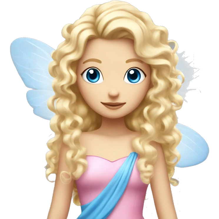 Fairy, a blonde hair with blue eyes and a pink dress with sparkly wings. White wings. The fairy has long, curly hair with a lot of volume emoji