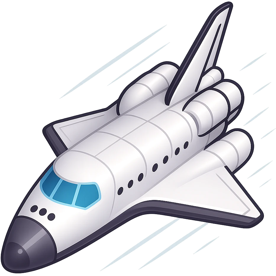 Make the space shuttle look like it is flying, with motion lines or a sense of movement, in the style of emoji. No background, transparent. emoji