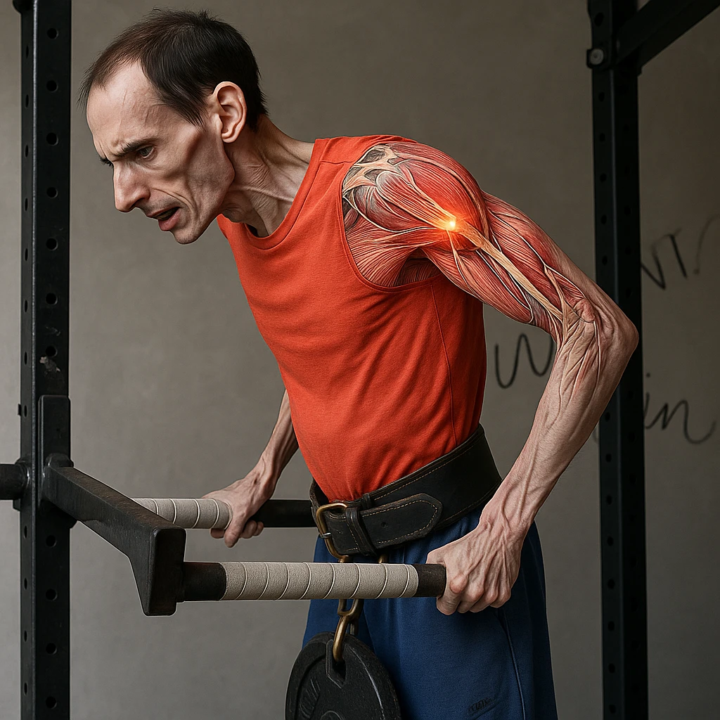 Hyperrealistic 4K image of a very thin man performing a dip on parallel bars, side position as in the reference, showing an expression of discomfort. Shoulder highlighted with an anatomical effect showing muscles, tendons, and inflammation. Gym atmosphere. Variant 4. emoji