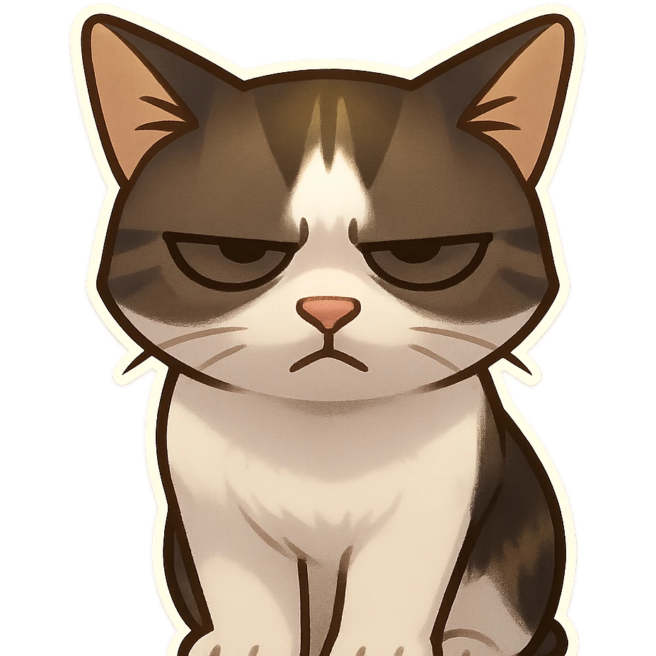 A cat with an impatient expression, frowning and squinting eyes. The light from above is shining vertically, and the face is in the shadow, making the cat's face more serious. emoji