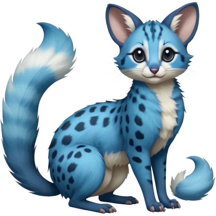 Cyan-blue, dark-cobalt-blue-pointed, soft realistic romantic vintage antique divine beautiful elegant pretty precious cute young youthful  Fakémon-Pokémon-opossum-feline-mouse-serval-caracal-chinchilla-Minccino-Cinccino-Meowstic-rodent-hybrid-creature with a big fluffy bushy tail (full body) emoji
