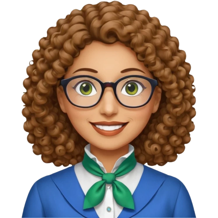 40 yr old Iranian woman, light brown very curly thick hair, shoulder length hair, green eyes, tan skin, big smile, big glasses, blue dress shirt with white cravat on neck emoji